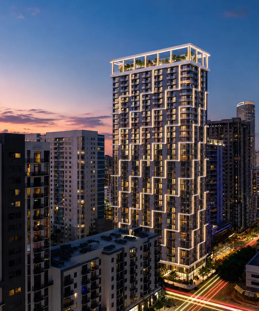 A residential tower rising above the neighbouring rooftops
