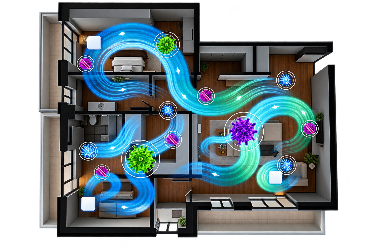 Top-down floor plan showing purified air sweeping through every room to eliminate germs