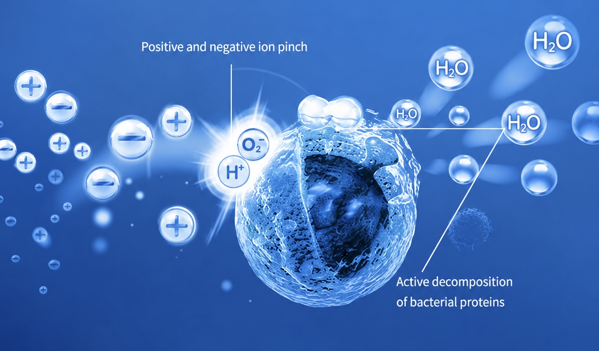 Diagram of positive and negative ions actively decomposing a bacterial cell