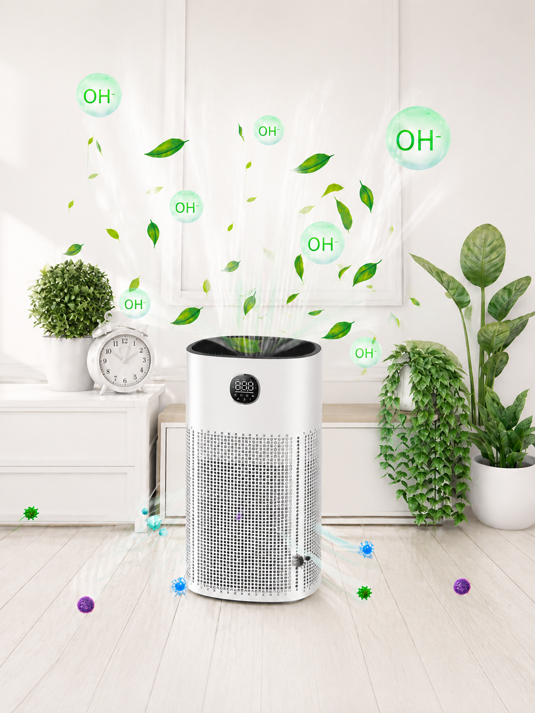 ClearAir Home Pro releasing purifying ions and fresh air into a living room filled with plants