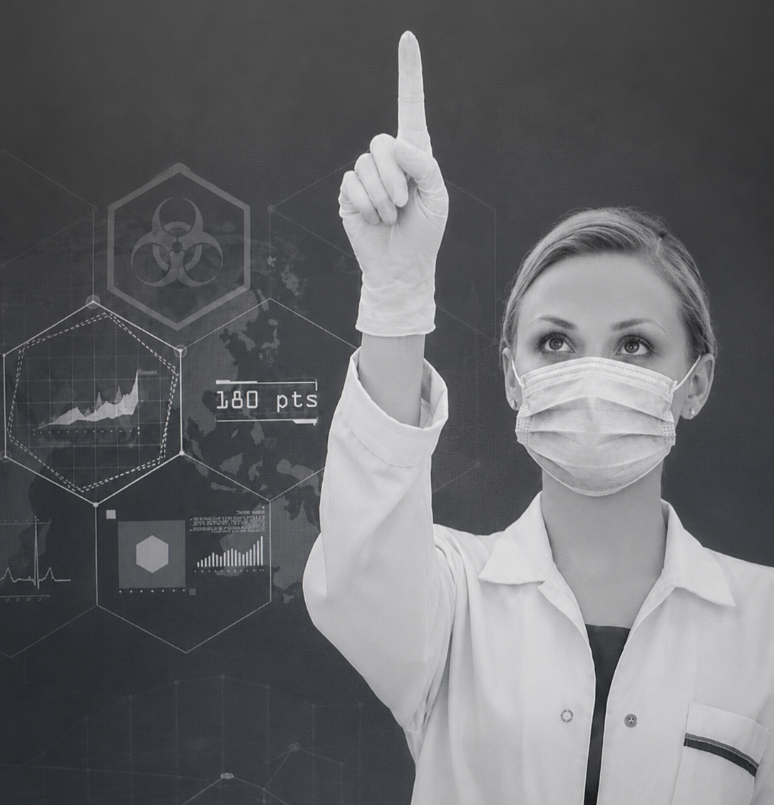 Doctor in a mask beside health-monitoring and biohazard icons