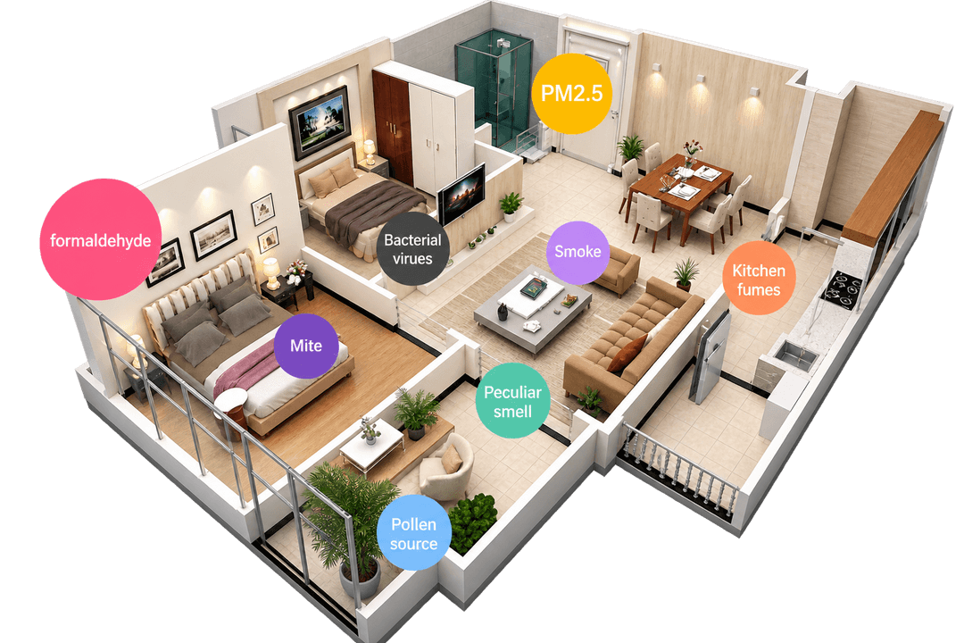 Cutaway illustration of an apartment showing indoor air pollutants spreading through different rooms