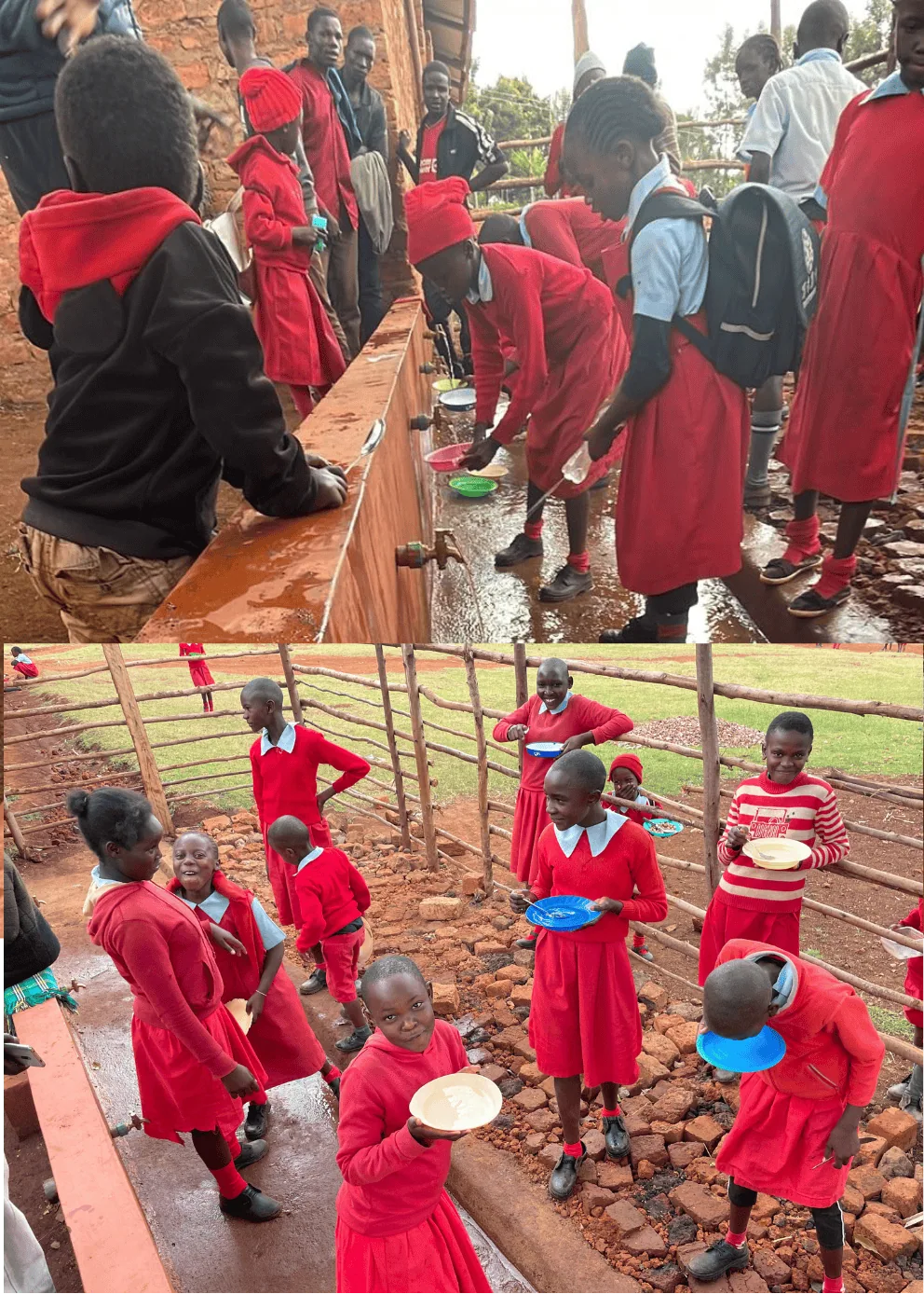 Children and staff at the school drawing clean water from eight faucets after the installation