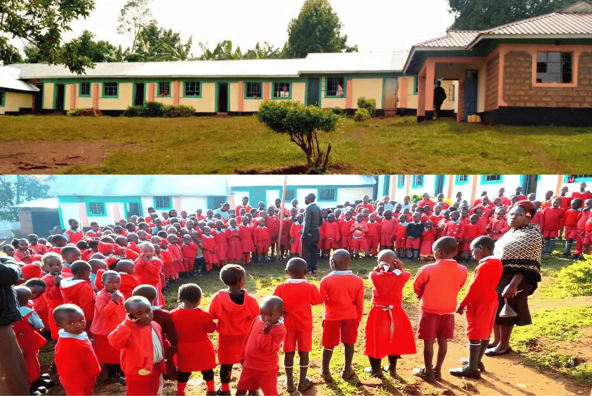Rianyabayo Memorial Academy, above, and students gathered outside the school below