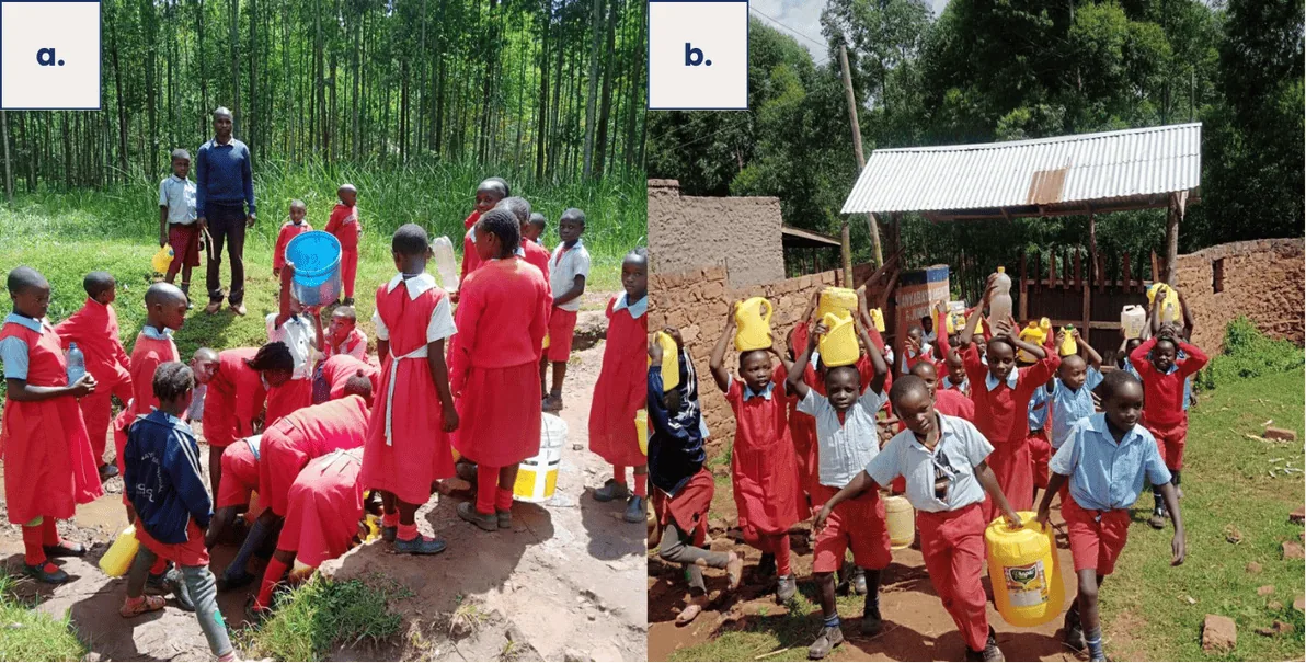 Students collecting water at the protected spring and carrying it back to the school