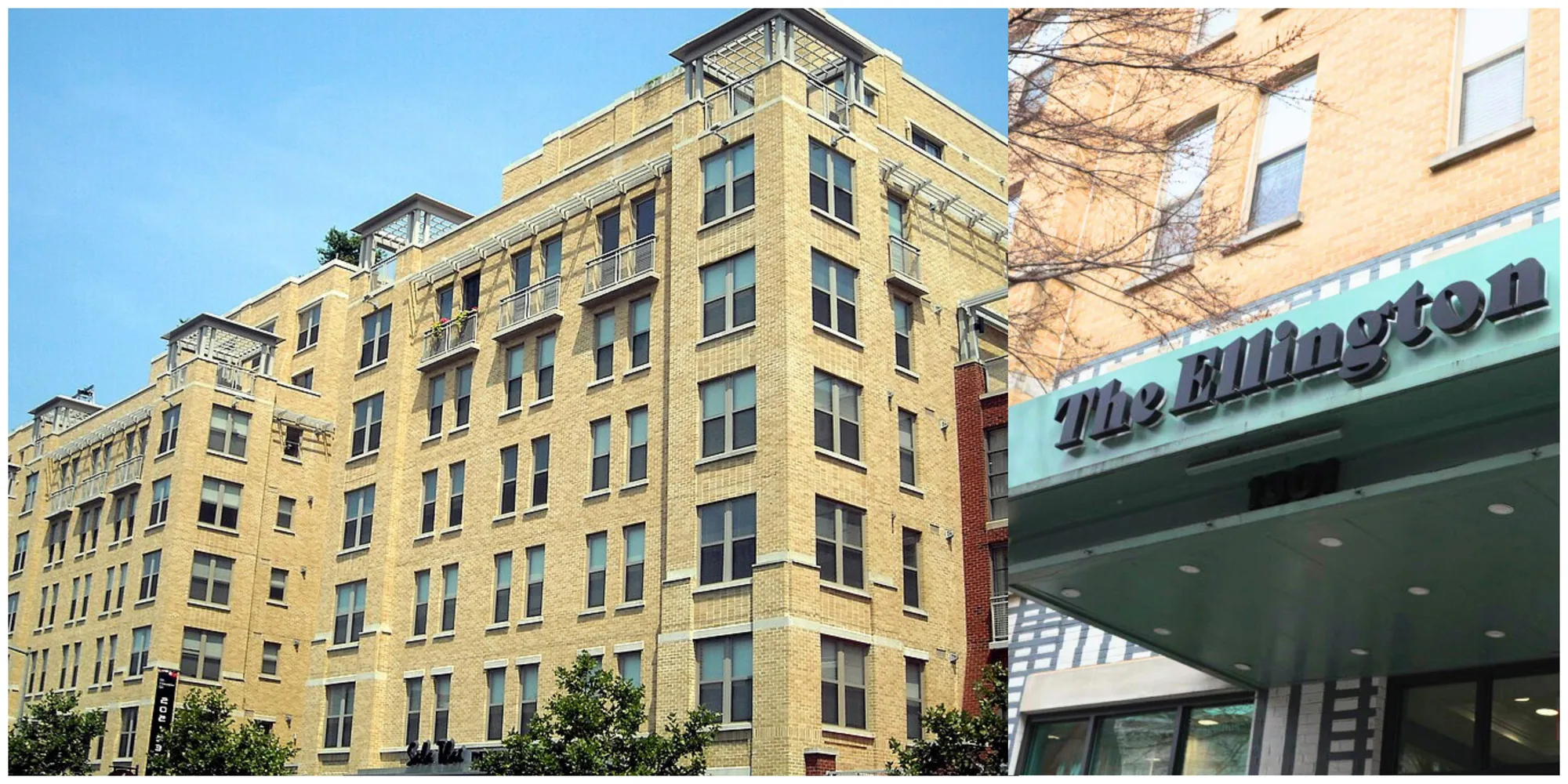 The Ellington: exterior view and the building's entrance sign